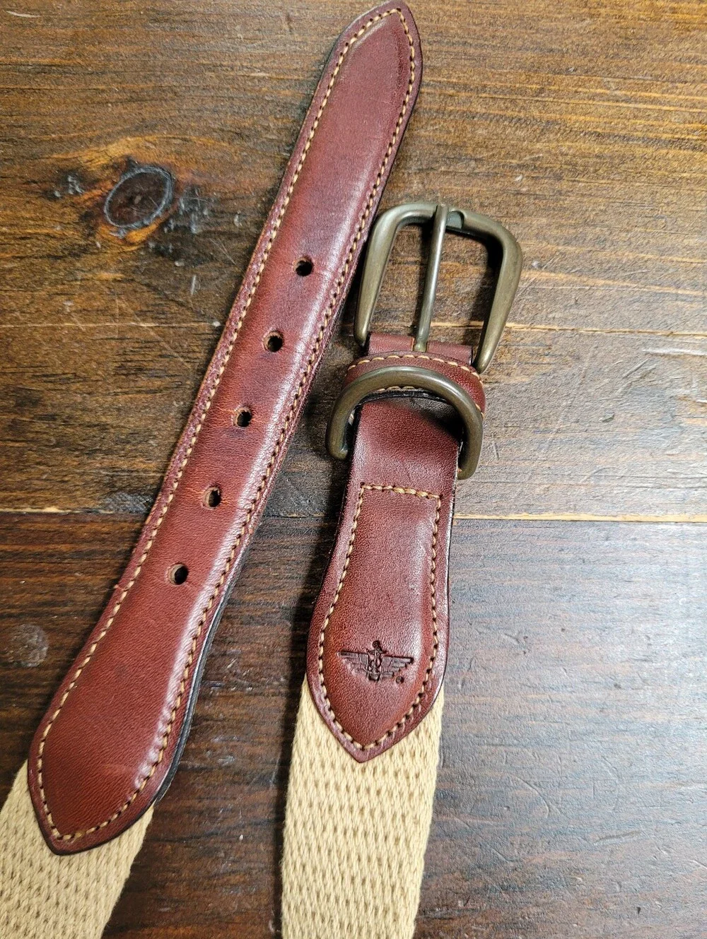 Dockers Belt Brown Tan Leather Woven Canvas Brass Buckle 32